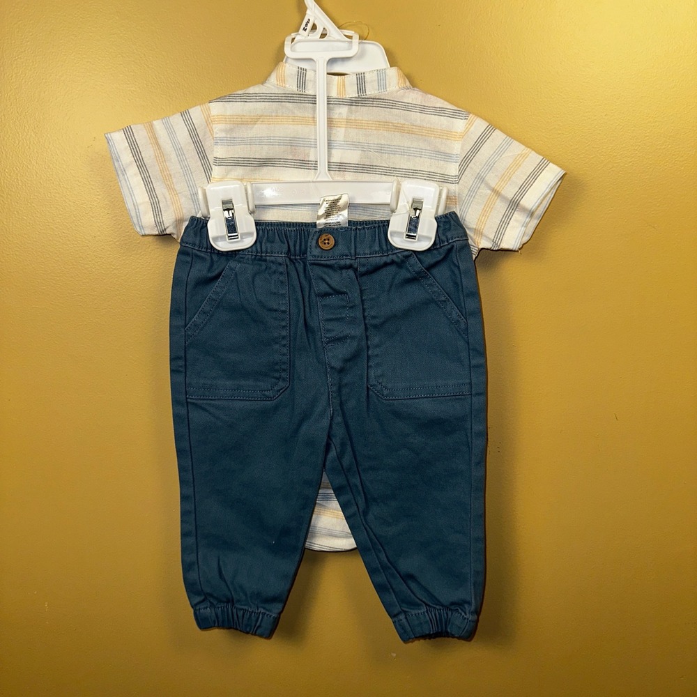 Little Lad Baby‎ Boy Striped Bodysuit Pants Set 3 6M Blue Yellow Linen Blend - Picture 4 of 10